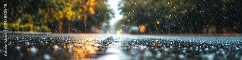 Rain drops on the asphalt road in rainy day. Shallow DOF