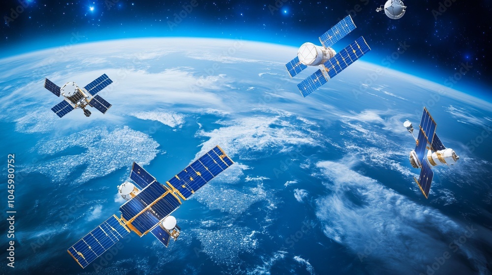 Illustration of a global internet network encircling the planet, with data exchanges and connected satellites for finance or IoT
