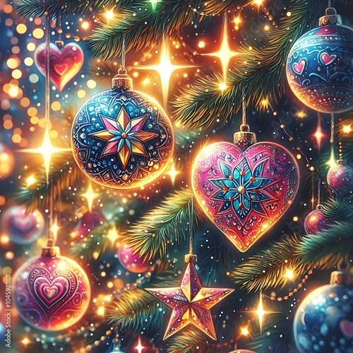 Bright watercolor ornaments in shape of stars and hearts, hanging from tree with shimmering fairy lights