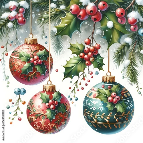 Traditional watercolor Christmas baubles with holly and berry designs, dangling from snow covered branches