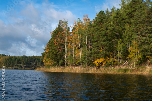 Lake Ladoga near the village Lumivaara on a sunny autumn day, Ladoga skerries, Lakhdenpokhya, Republic of Karelia, Russia photo