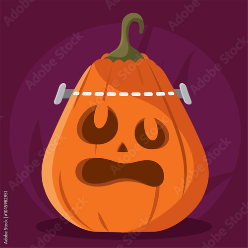 Halloween pumpkin with stitched forehead and scared face, Vector