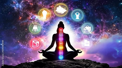 Beautiful galaxy woman seven yoga glowing video half chakra high sits eyes calm pose lotus meditation practicing place Kundalini all energy chakras closed 4k spiritual esoteric aura symbol mind silho photo