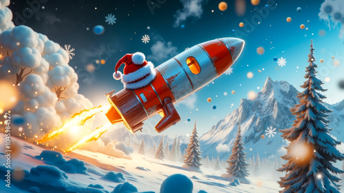 A santa claus flying through the air with a rocket in the air