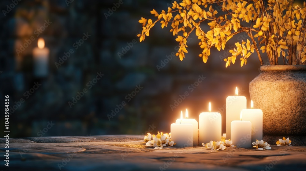 White candles illuminate a wooden table with a floral arrangement, creating a serene atmosphere in a cozy setting White candles illuminate a wooden table with a floral arrangement, creating a serene atmosphere in a cozy setting