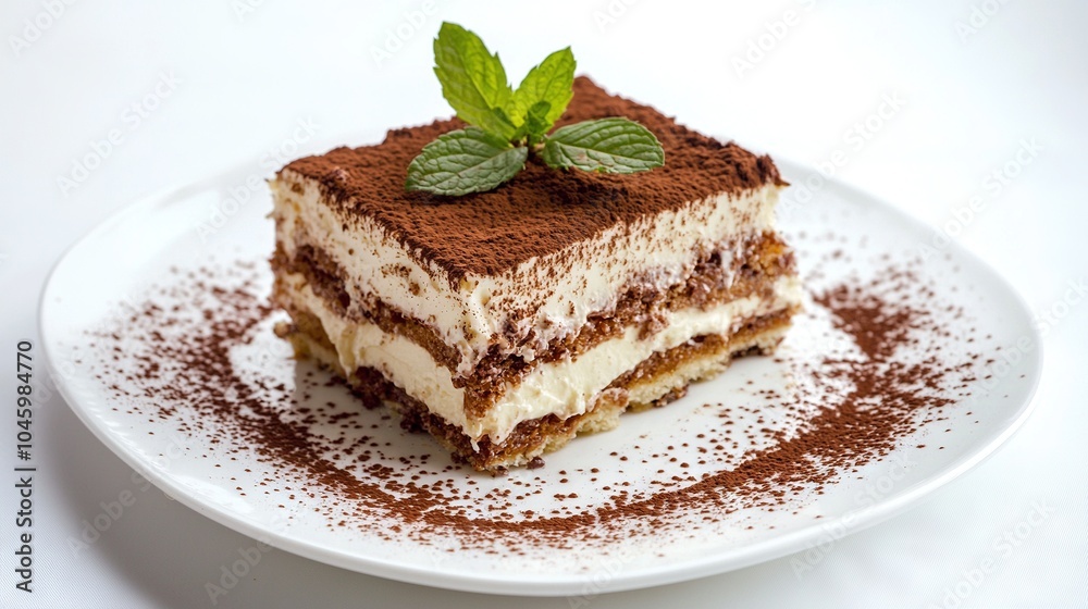 A slice of cake on a dish, adorned with chocolate crumbs and a mint garnish A slice of cake on a dish, adorned with chocolate crumbs and a mint garnish