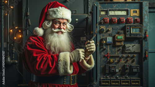 A man dressed as Santa Claus holding a screwdriver in front of an electrical panel photo