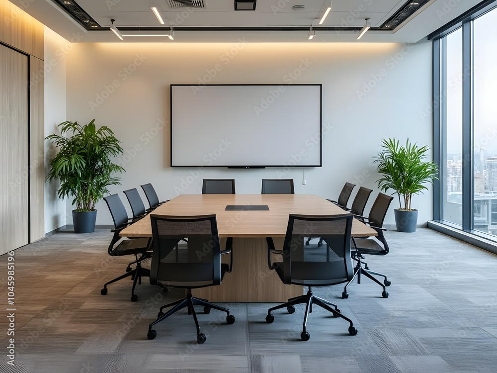 Modern conference room with glass walls, ergonomic chairs, large table and bright office interior. Corporate meeting room interior