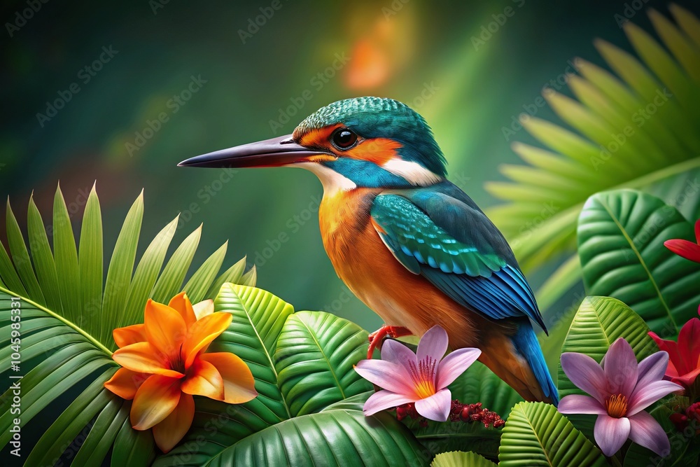 Obraz premium South American Kingfisher perched on tropical leaves and colorful floral flower