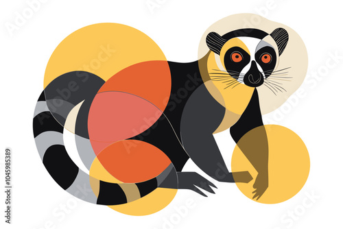 Abstract lemur illustration with layered geometric circles and bold colors, giving a modern and playful twist.