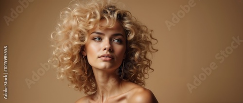 A serene portrait of a confident woman with voluminous curly hair, smiling softly against a neutral brown background. The image conveys beauty, confidence, and natural elegance.

