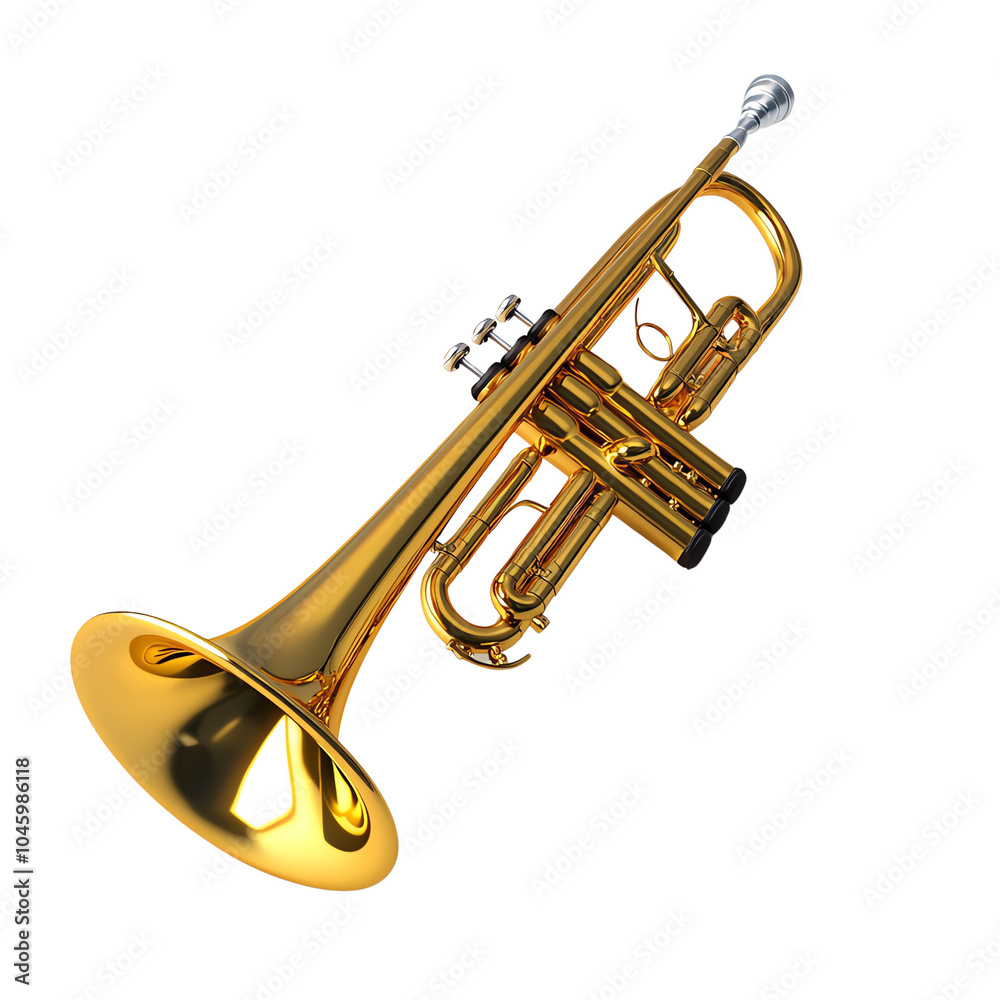 Obraz premium A shiny brass trumpet showcasing elegant craftsmanship, perfect for music lovers and aspiring musicians alike.