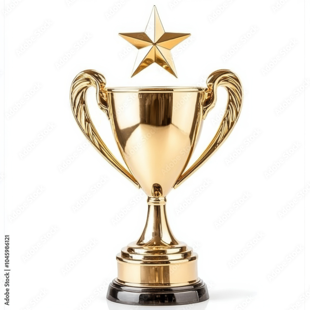 A modern golden trophy with sleek curves and a radiant star on top, capturing the essence of victory and excellence, isolated on a white background A modern golden trophy with sleek curves and a radiant star on top, capturing the essence of victory and excellence, isolated on a white background