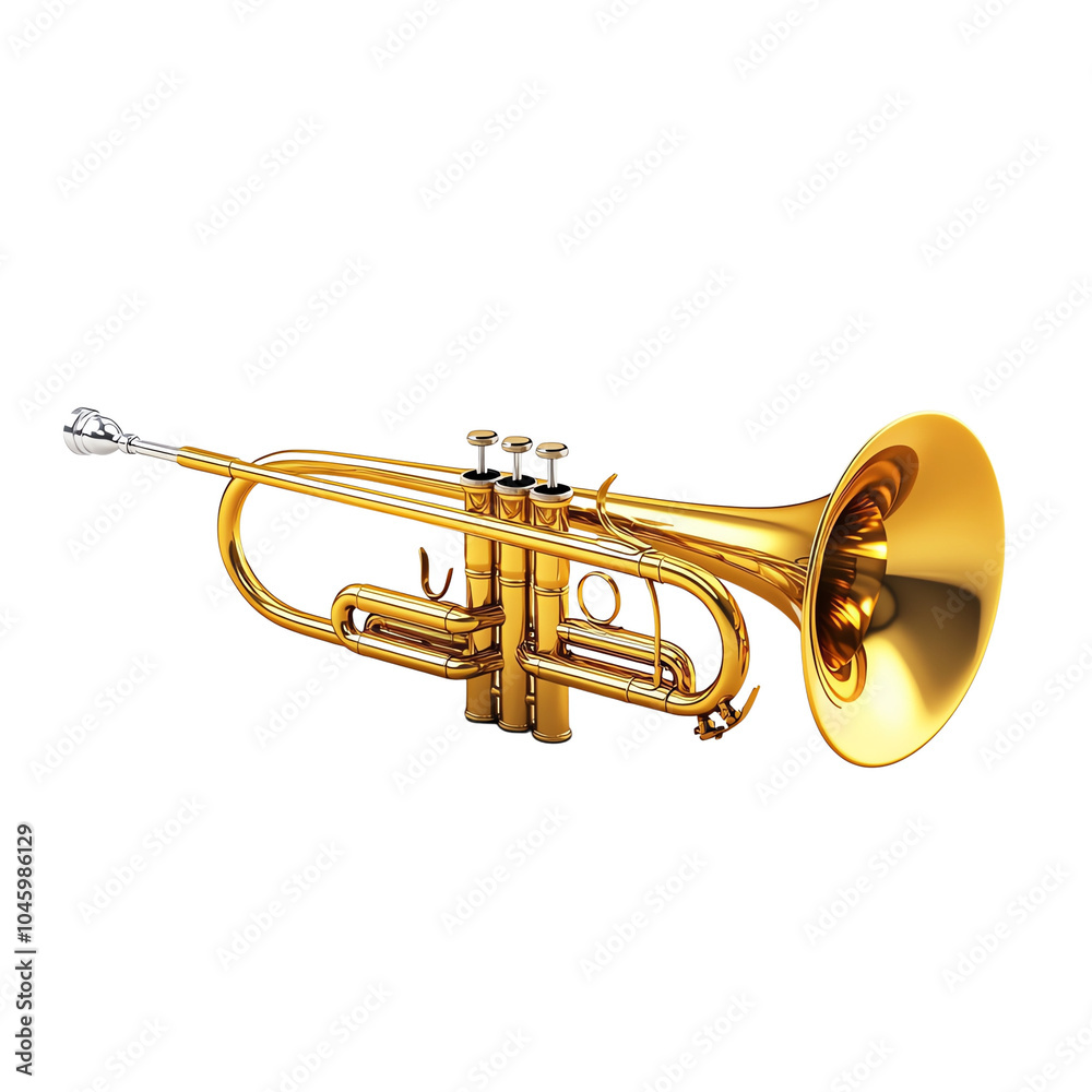 Obraz premium A shiny gold trumpet showcasing intricate details and craftsmanship, perfect for musical themes and performances.