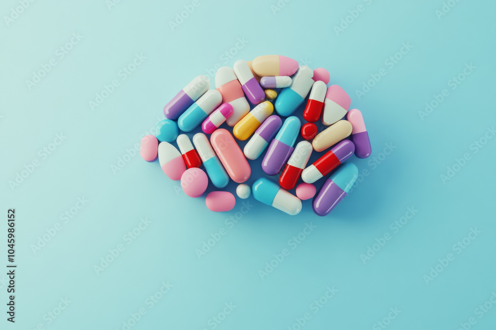 A detailed brain shape constructed entirely from colorful tablets, with each section symbolizing mental health and treatment, placed on a light blue background for contrast.