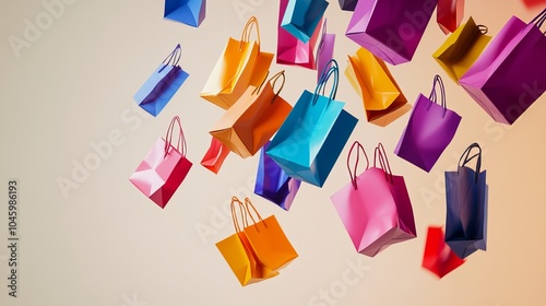 A cascade of colorful shopping bags falling against a beige background