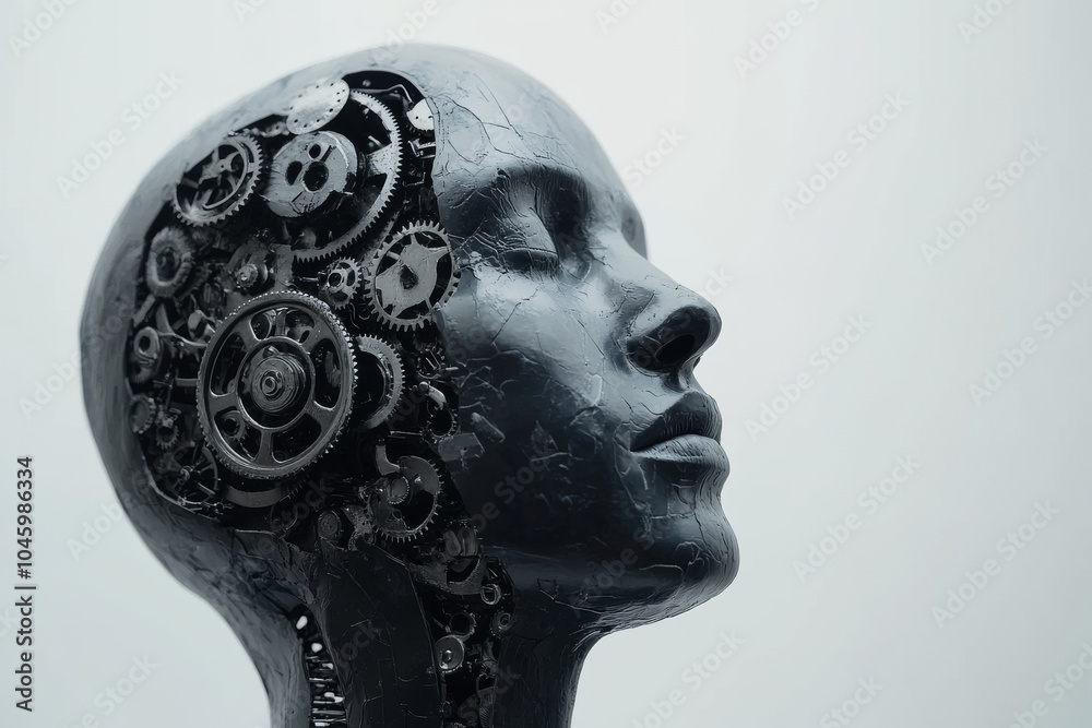 A human head partially open, revealing a complex mechanism of gears and cogs inside, symbolizing the intricate workings of the mind, set against a white background for World Mental Health Day. A human head partially open, revealing a complex mechanism of gears and cogs inside, symbolizing the intricate workings of the mind, set against a white background for World Mental Health Day.