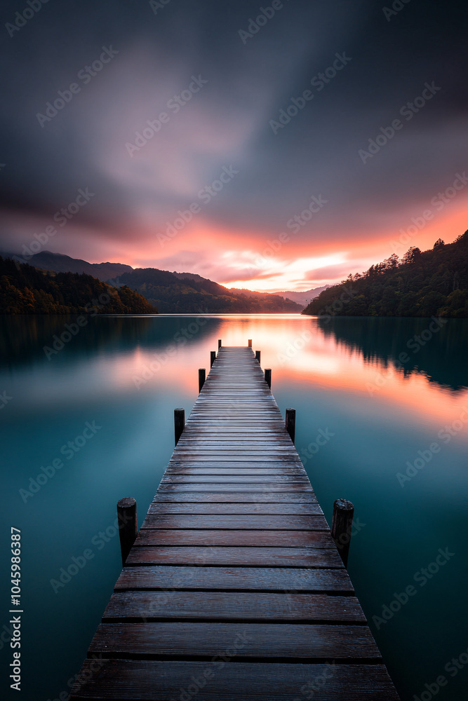 Obraz premium serene lakeside sunset with wooden pier