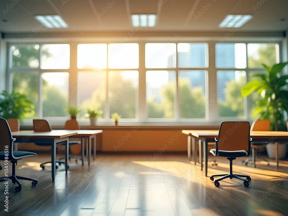 Modern open office with natural light, empty desks wooden floors, office chairs and potted plants near large windows Modern open office with natural light, empty desks wooden floors, office chairs and potted plants near large windows