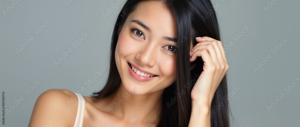 Fototapeta premium Close-up portrait of a smiling woman with long black hair against a simple gray background, conveying beauty, warmth, and confidence. Ideal for concepts of happiness, health, and natural beauty.