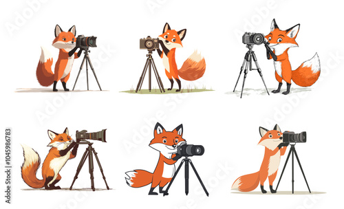 Collection of cartoon foxes using cameras, a creative twist on wildlife photography themes. photo