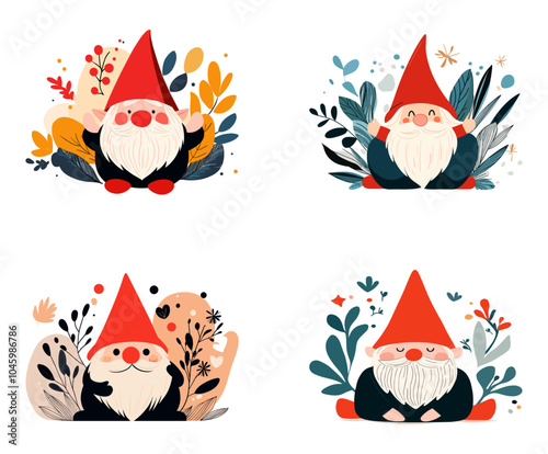 Set of adorable Christmas gnome illustrations with red pointed hats, surrounded by nature-inspired elements, ideal for fantasy or holiday themes.