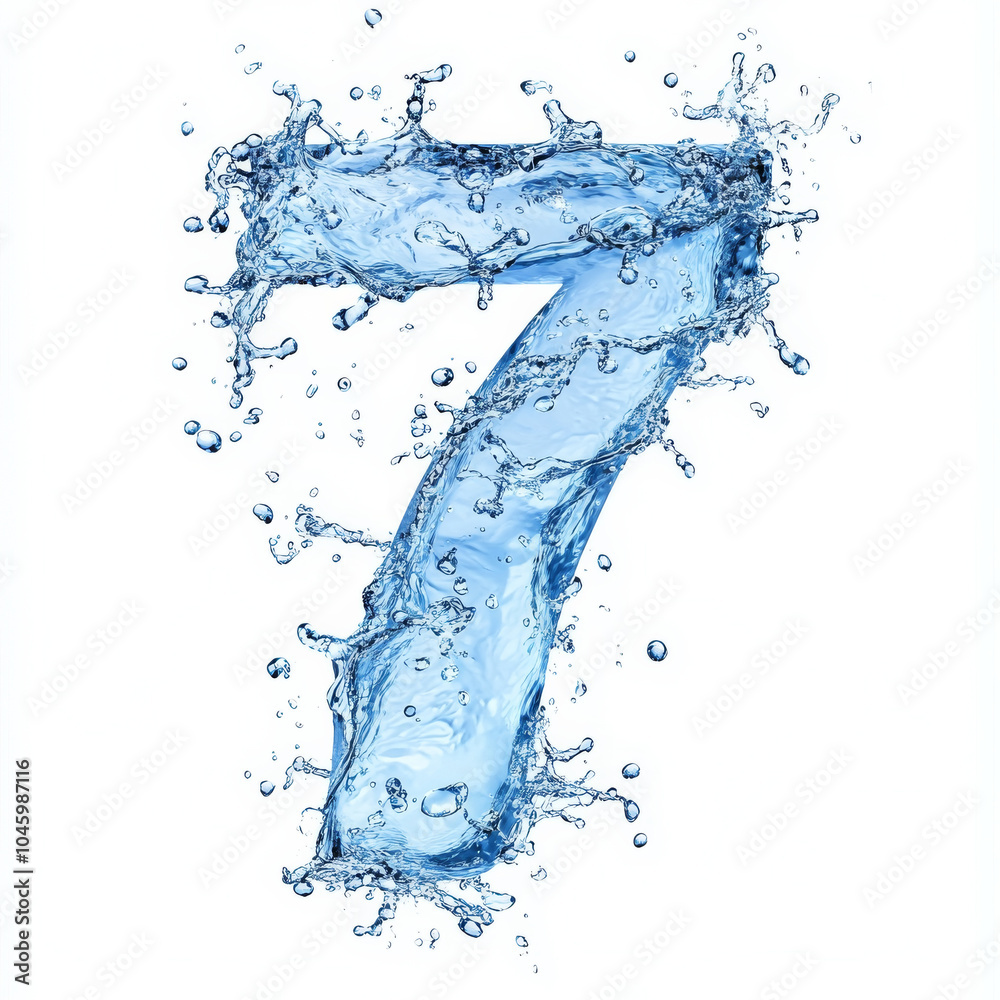 Obraz premium A creative number 7 composed of cascading water splashes, with droplets artfully arranged to showcase the energy and grace of liquid motion, isolated on a white background
