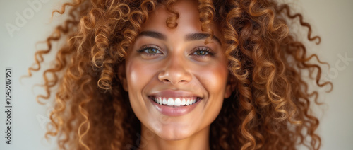 A cheerful woman with curly hair smiling warmly, radiating happiness and confidence. The natural lighting highlights her vibrant expression and joyful demeanor, creating a sense of positivity and empo photo