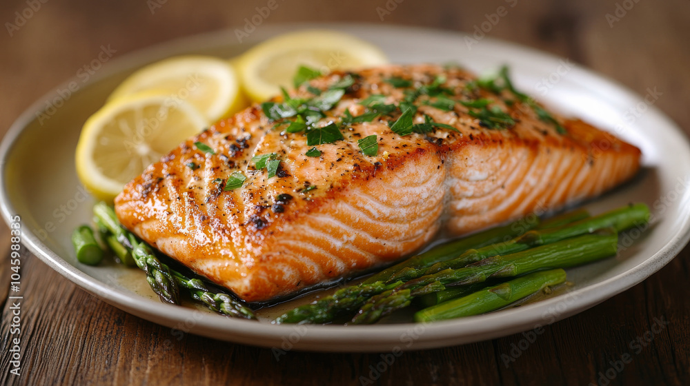 a close-up of a gourmet meal, featuring an elegantly arranged plate of seared salmon with asparagus and lemon slices, on a rustic wooden table, soft natural light creating gentle shadows, in the style a close-up of a gourmet meal, featuring an elegantly arranged plate of seared salmon with asparagus and lemon slices, on a rustic wooden table, soft natural light creating gentle shadows, in the style