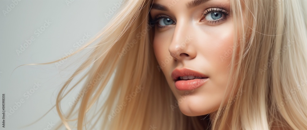 Obraz premium Close-up portrait of a young woman with striking eyes and flowing blonde hair, expressing beauty and elegance. The natural lighting highlights her serene and confident expression.