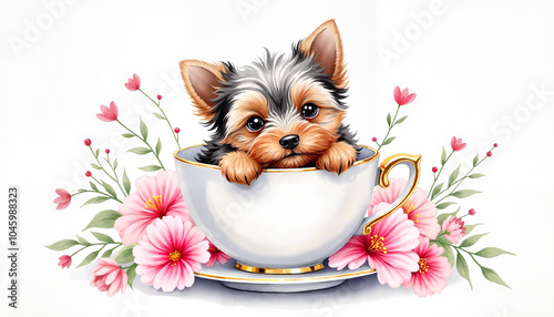 Cute Yorkshire terrier puppy sitting in a teacup surrounded by flowers on a light background