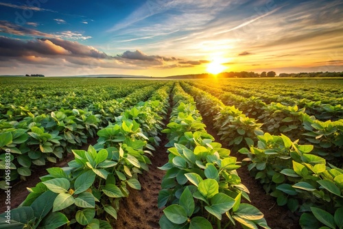 Soybean field and plants in early morning long shot