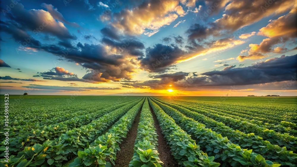 Soybean plantation at dawn with intense cloud-filled sky from tilted angle Soybean plantation at dawn with intense cloud-filled sky from tilted angle