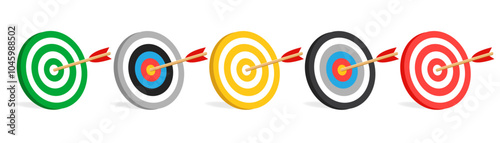realistic arrow and target illustration.  the arrow that pierced right in the middle of the target. archery targets with shots. vector mock up