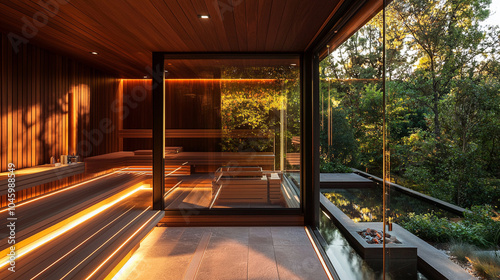  A sauna with dark wood paneling integrated lighting
