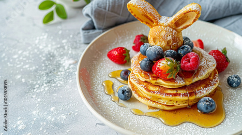 A stack of pancakes with a rabbit on top and strawberries photo