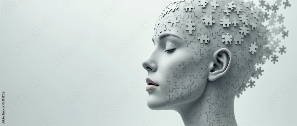 Conceptual image showcasing a serene woman with puzzle pieces on her head, symbolizing thoughts, creativity, and problem-solving. Minimalistic style with monochrome tones for artistic effect.
Conceptual image showcasing a serene woman with puzzle pieces on her head, symbolizing thoughts, creativity, and problem-solving. Minimalistic style with monochrome tones for artistic effect.