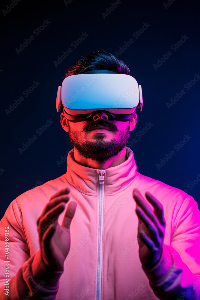 man using virtual reality headset with vibrant lighting man using virtual reality headset with vibrant lighting