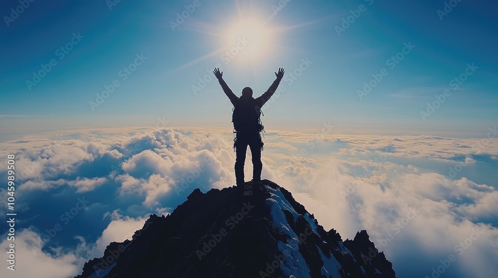 Adventurous Hiker Reaches Mountain Summit, Celebrating Under the Sun with a Stunning Cloudscape Below Adventurous Hiker Reaches Mountain Summit, Celebrating Under the Sun with a Stunning Cloudscape Below