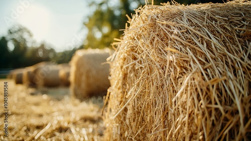 A close-up of a pile of golden yellow hay, tightly bound in a bale. The straw is in sharp focus, making it ideal for a background