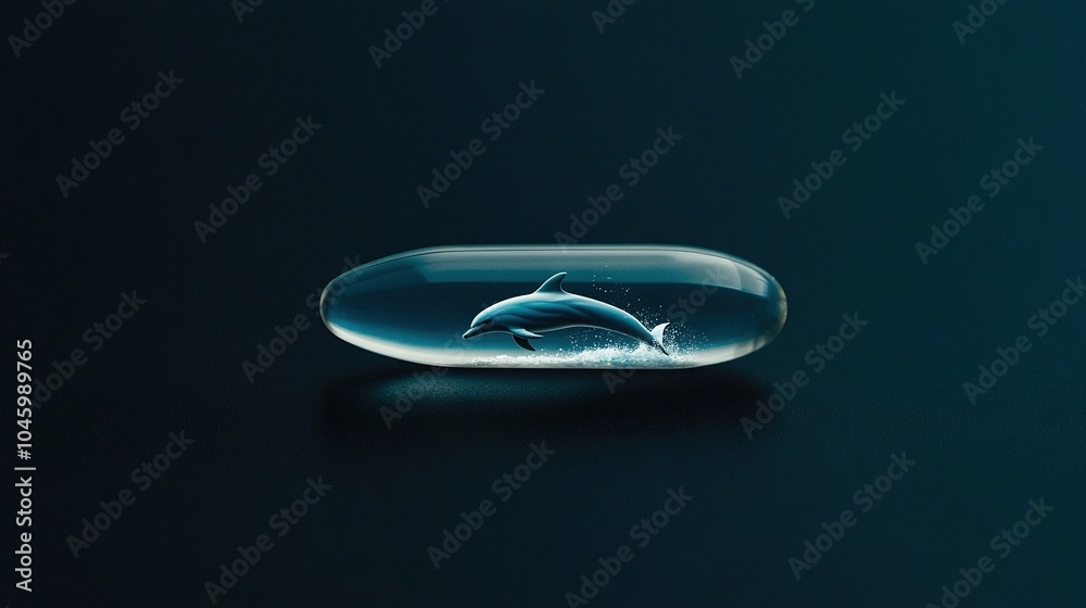 A dolphin-shaped bottle with a dolphin silhouette on a black background and a reflected image of a dolphin inside A dolphin-shaped bottle with a dolphin silhouette on a black background and a reflected image of a dolphin inside