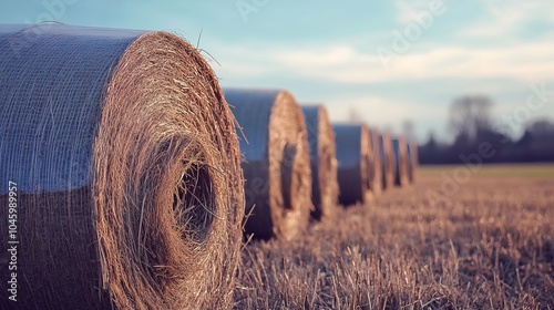 Close-up of round hay bales wrapped in netting, lined up in a field under a clear blue sky photo