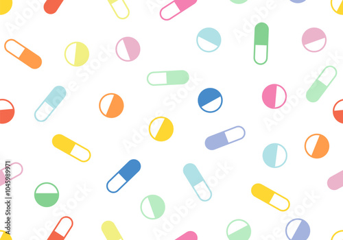 Pills and capsules. Scattered pills. Minimal medical concept. Pharmaceutical. Many colorful medicines. Drug or medicine. Seamless pattern with colorful pills, medications