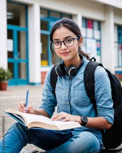 Young beautiful student girl in glasses sitting on the floor in front of the school. She is reading her textbook. She has a backpack on her back and headphones around her neck.