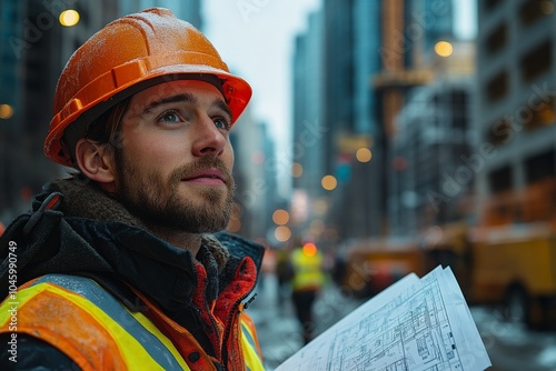 young construction engineer in a hard hat and safety vest standing at a job site