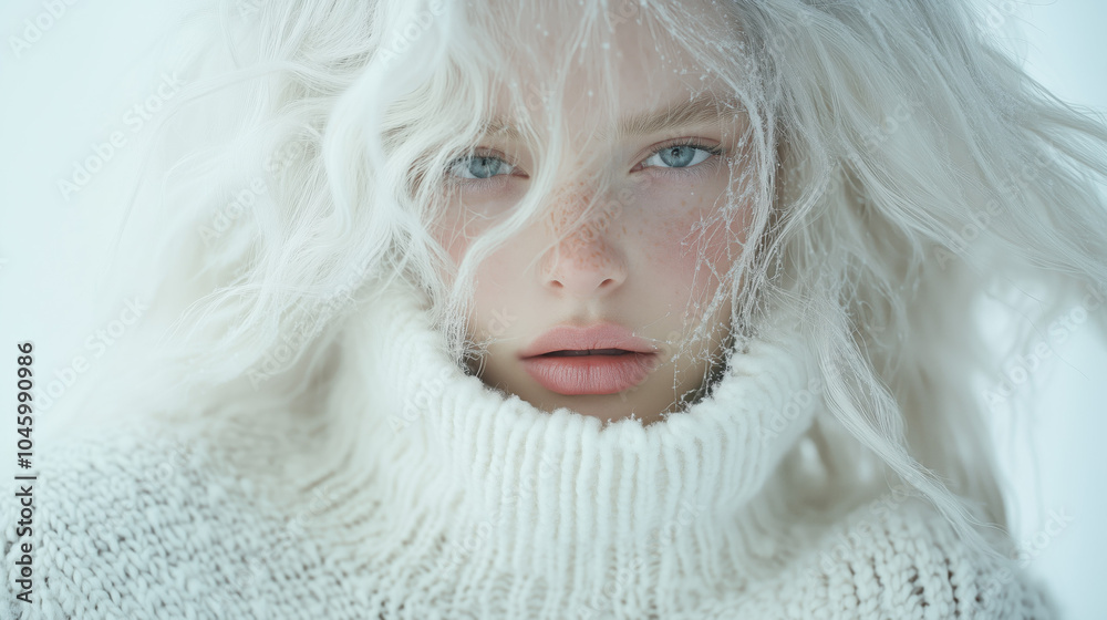 portrait of young blond female model, posing for fashion magazine coverpage. her hair is long, wavy, silver, wearing white knitting turtle neck. snowing in background, winter wonderland photoshoot portrait of young blond female model, posing for fashion magazine coverpage. her hair is long, wavy, silver, wearing white knitting turtle neck. snowing in background, winter wonderland photoshoot