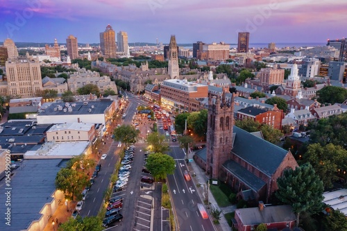 Christ Church on Broadway st with Yale University in the background. New Haven, Connecticut, United States.