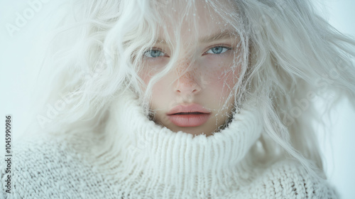 portrait of young blond female model, posing for fashion magazine coverpage. her hair is long, wavy, silver, wearing white knitting turtle neck. snowing in background, winter wonderland photoshoot  photo