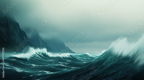  A vast expanse of water with a significant wave in the near-foreground and a diminutive island visible in the far offshore, surrounded by towering cliffs