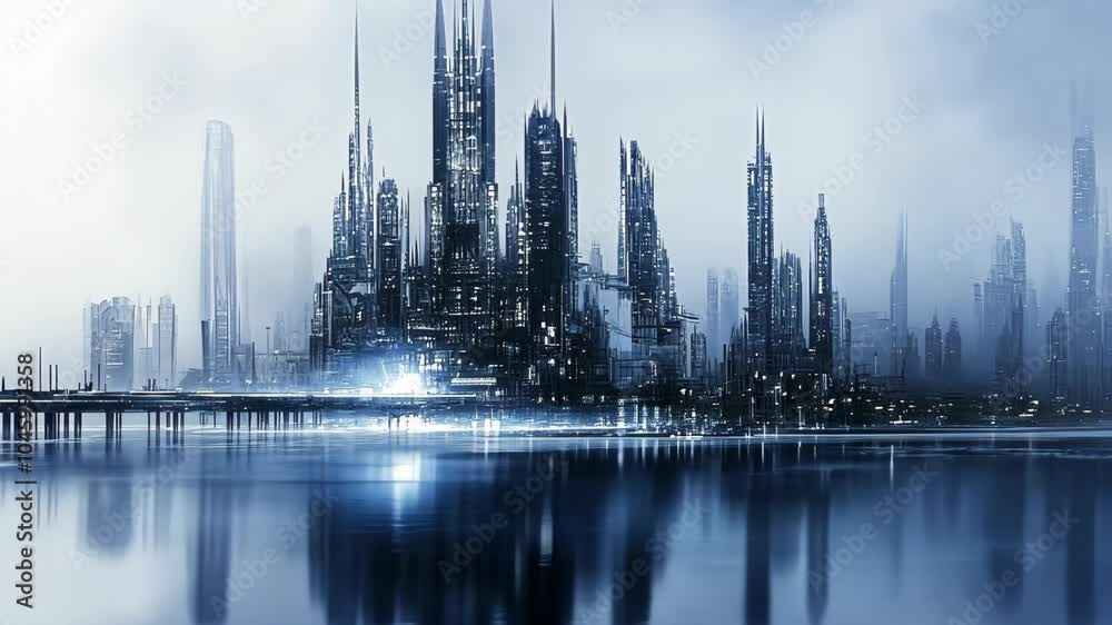 A futuristic city skyline with tall, narrow buildings and a bridge over a body of water A futuristic city skyline with tall, narrow buildings and a bridge over a body of water